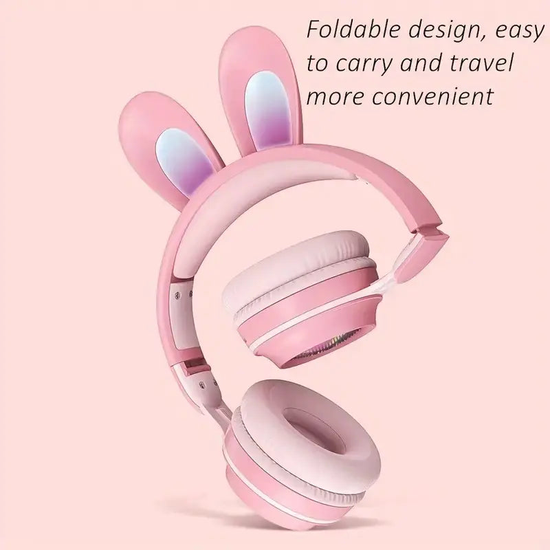 Cute Rabbit Bluetooth Headphones for Kids – Wireless, Foldable, with RGB LED Lights & Mi