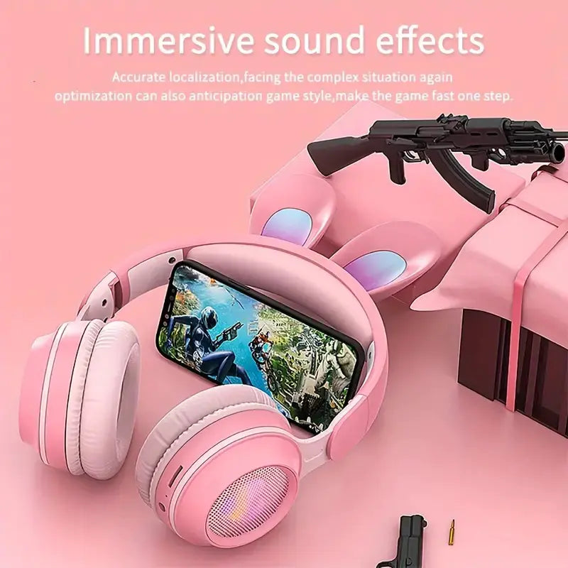 Cute Rabbit Bluetooth Headphones for Kids – Wireless, Foldable, with RGB LED Lights & Mi