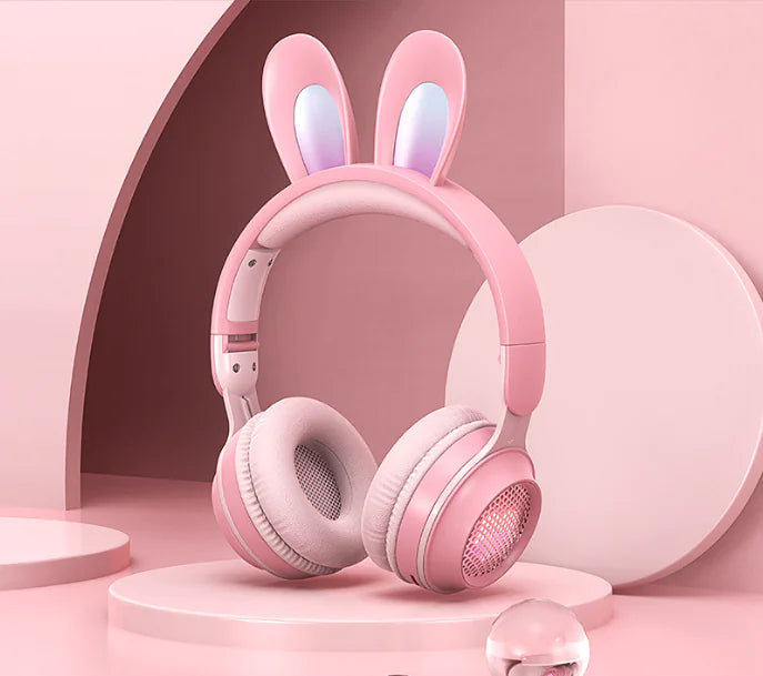 Cute Rabbit Bluetooth Headphones for Kids – Wireless, Foldable, with RGB LED Lights & Mi