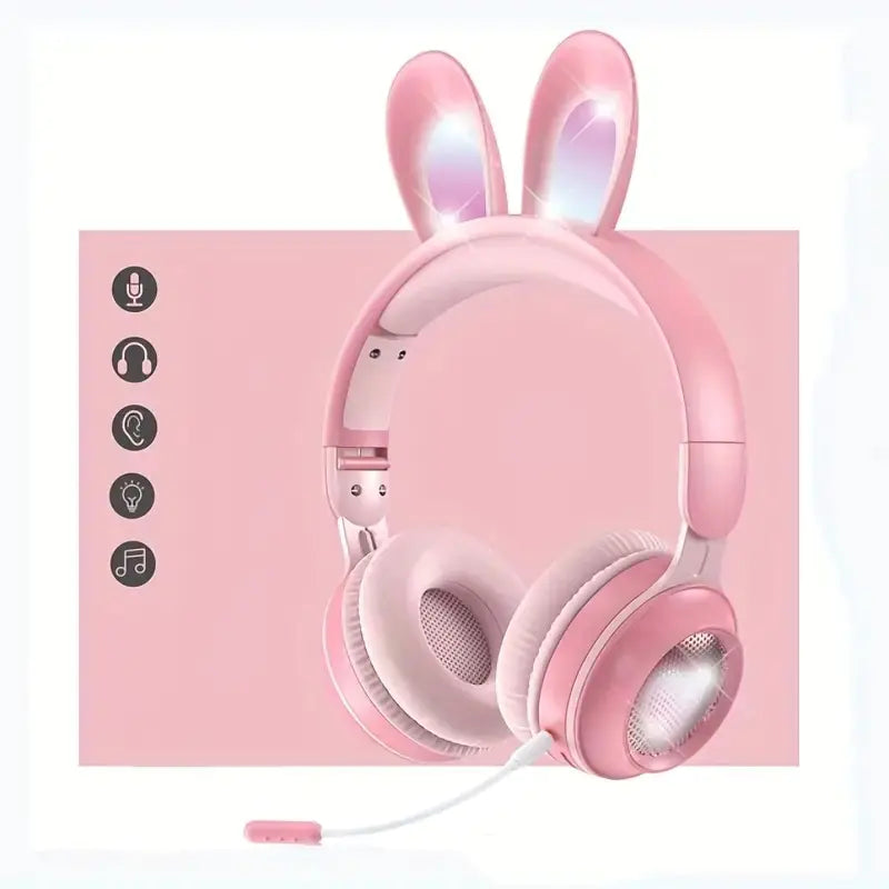Cute Rabbit Bluetooth Headphones for Kids – Wireless, Foldable, with RGB LED Lights & Mi