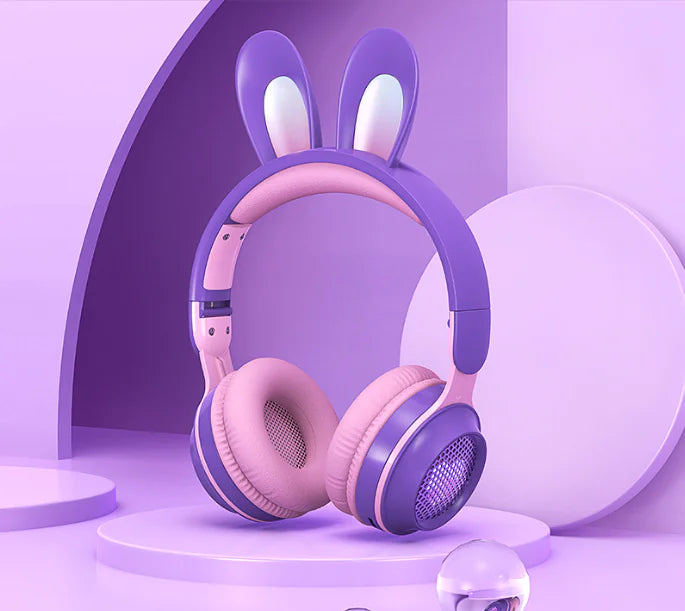 Cute Rabbit Bluetooth Headphones for Kids – Wireless, Foldable, with RGB LED Lights & Mi