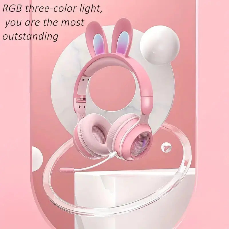 Cute Rabbit Bluetooth Headphones for Kids – Wireless, Foldable, with RGB LED Lights & Mi