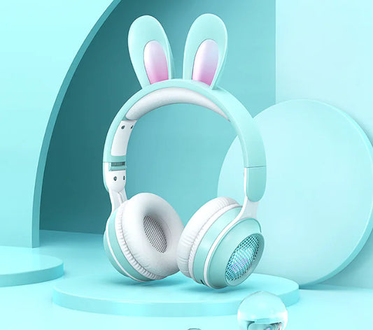 Cute Rabbit Bluetooth Headphones for Kids – Wireless, Foldable, with RGB LED Lights & Mi