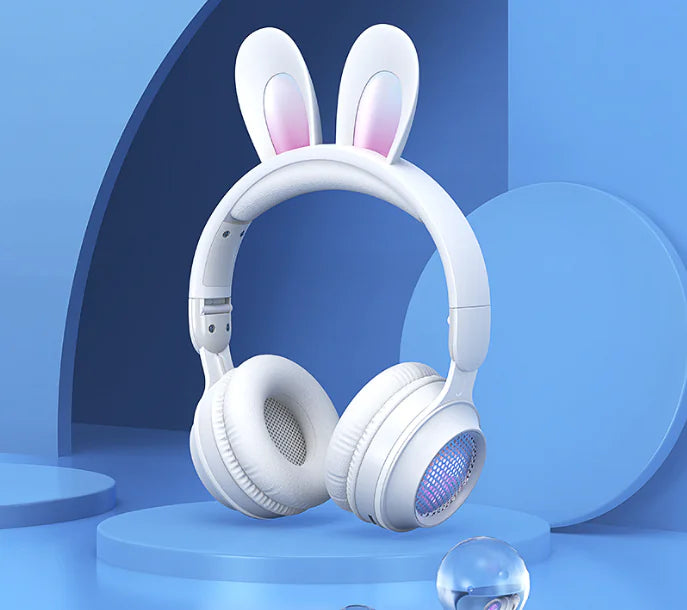 Cute Rabbit Bluetooth Headphones for Kids – Wireless, Foldable, with RGB LED Lights & Mi