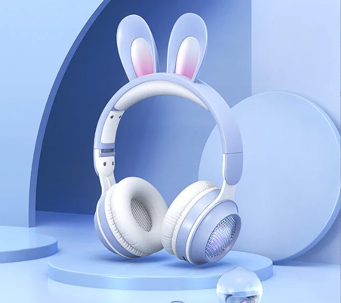 Cute Rabbit Bluetooth Headphones for Kids – Wireless, Foldable, with RGB LED Lights & Mi
