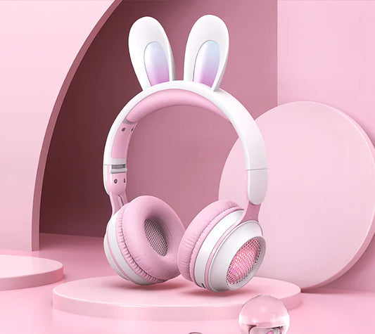 Cute Rabbit Bluetooth Headphones for Kids – Wireless, Foldable, with RGB LED Lights & Mi
